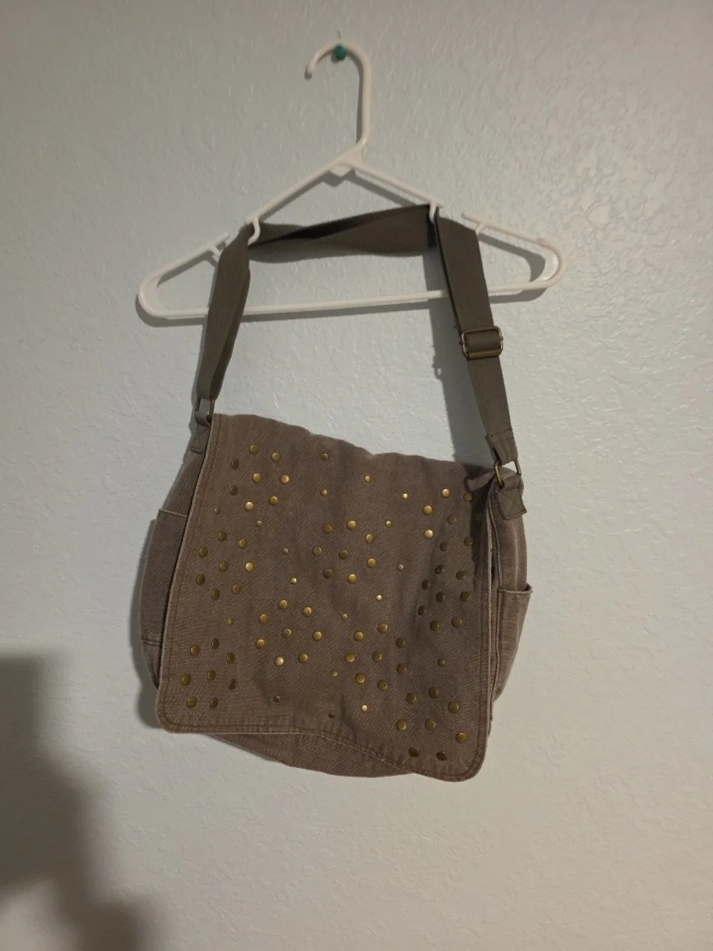 Old Navy Taupe Canvas Messenger Bag with Gold Studs Mushrooms